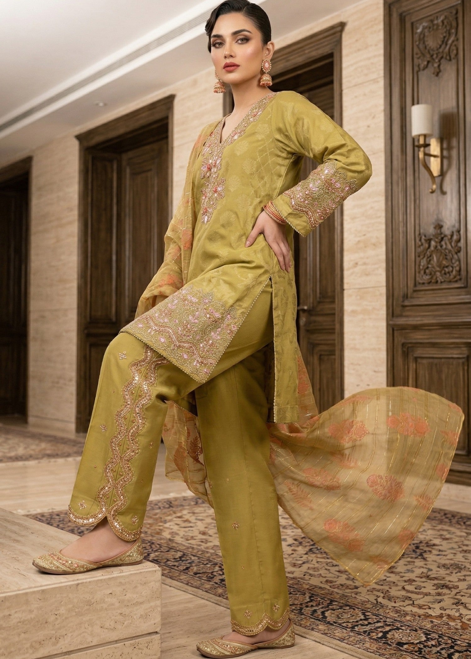 Ladies Mari Gold Embroidered Jacquard Festive Wear Online in UK USA Canada