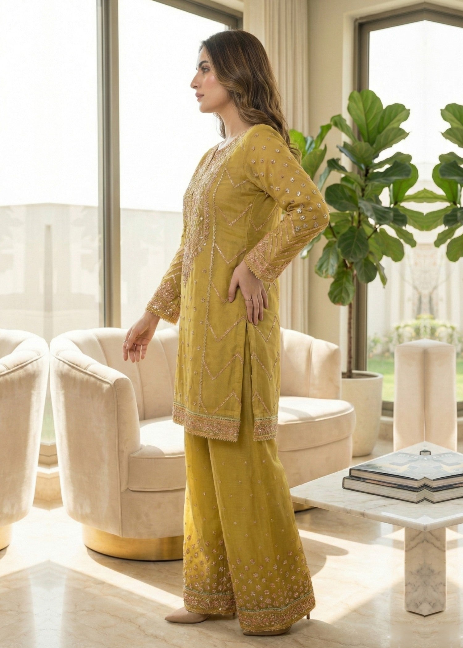 Ladies Marigold Embroidered Raw Silk Shalwar Kameez Online in UK USA Canada