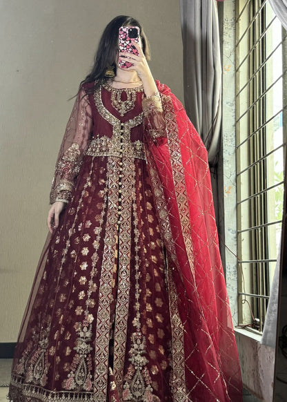 Ladies Maroon A-Line Maxi Shalwar Kameez Online in UK USA Canada