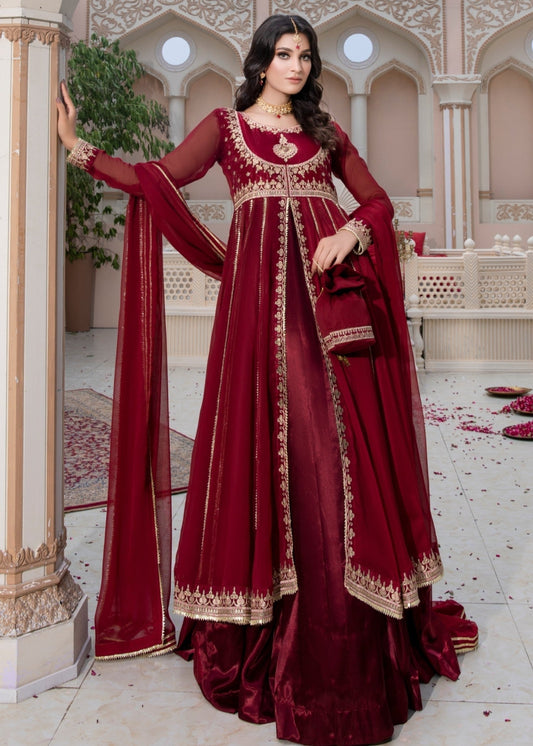 Ladies Maroon Chiffon Embellished Pishwas Online in UK USA Canada