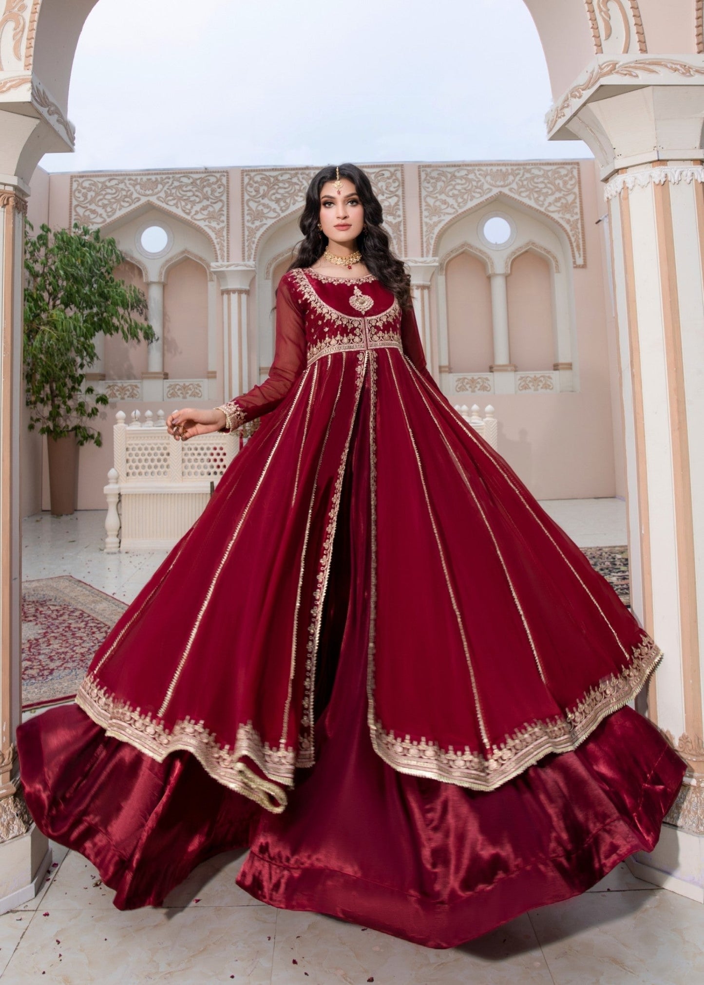 Ladies Maroon Chiffon Embroidered Maxi Online in Sri Lanka India Australia