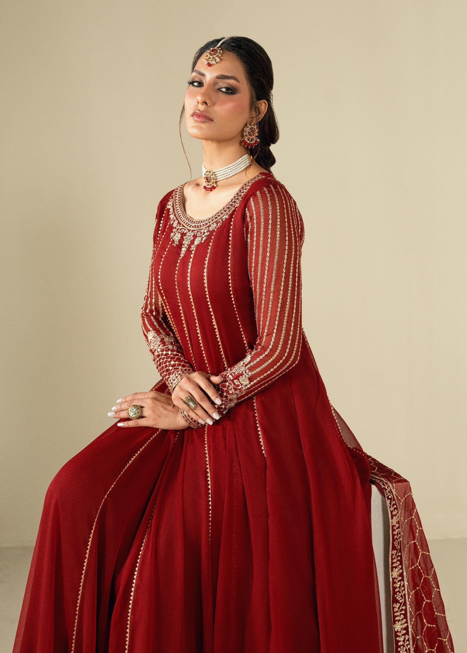 Ladies Maroon Chiffon Embroidered Partywear Suit Online in UK USA Canada
