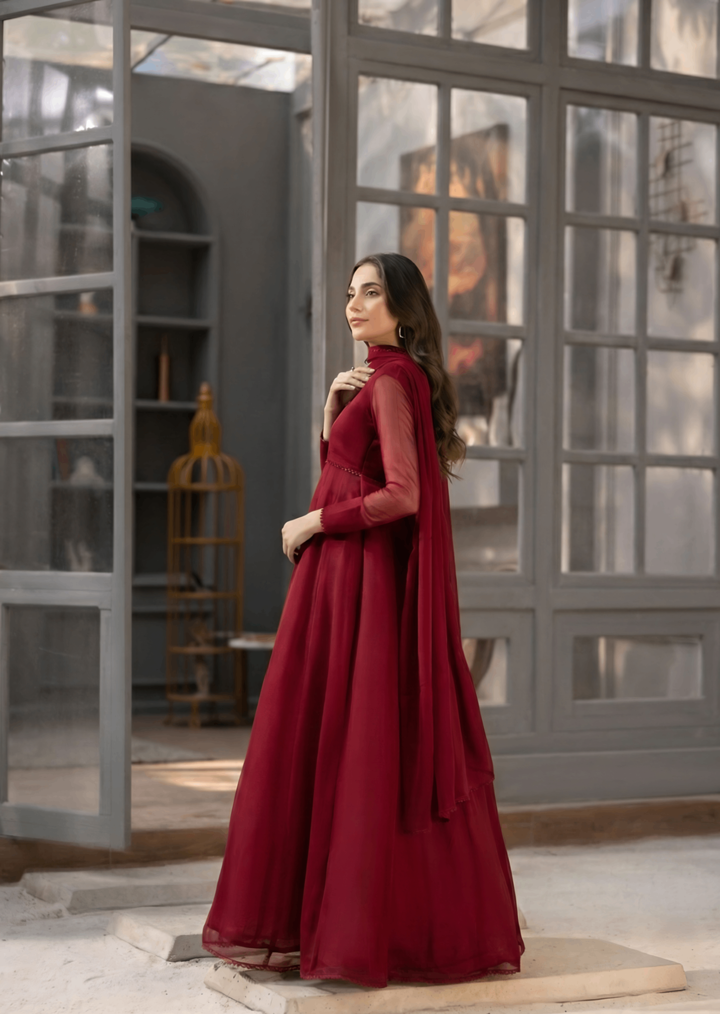Ladies Maroon Chiffon Flared Maxi Salwar Kameez Online in UK USA Canada