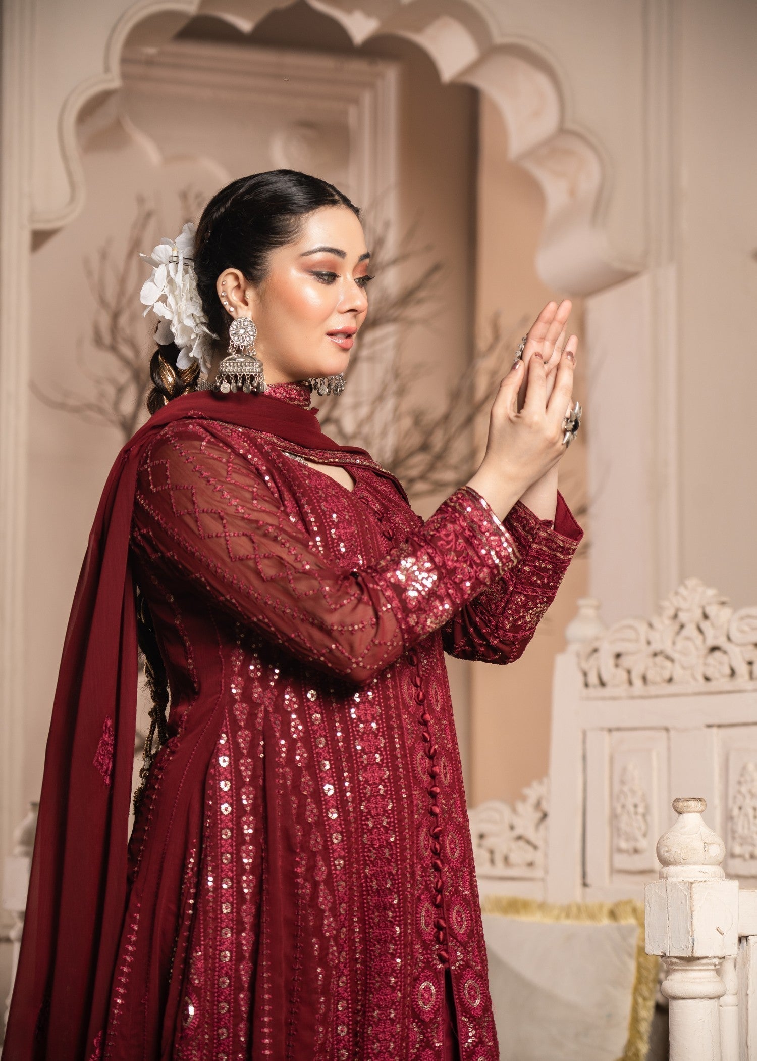 Ladies Maroon Chiffon Partywear Pishwas Online in UK USA Canada