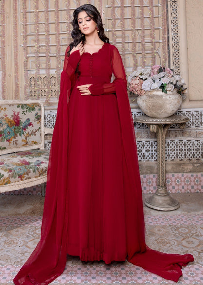 Ladies Maroon Embellished Chiffon Pishwas Suit Online in UK USA Canada