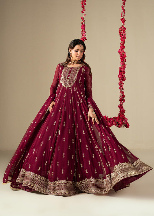 Ladies Maroon Embellished Chiffon Shalwar Kameez Online in UK USA Canada