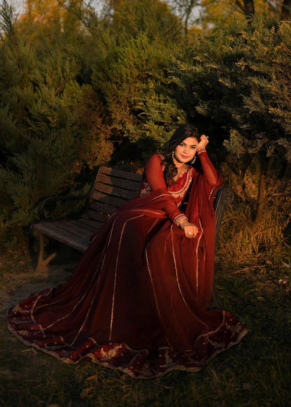 Ladies Maroon Embellished Chiffon Shalwar Kameez Online in UK USA Canada