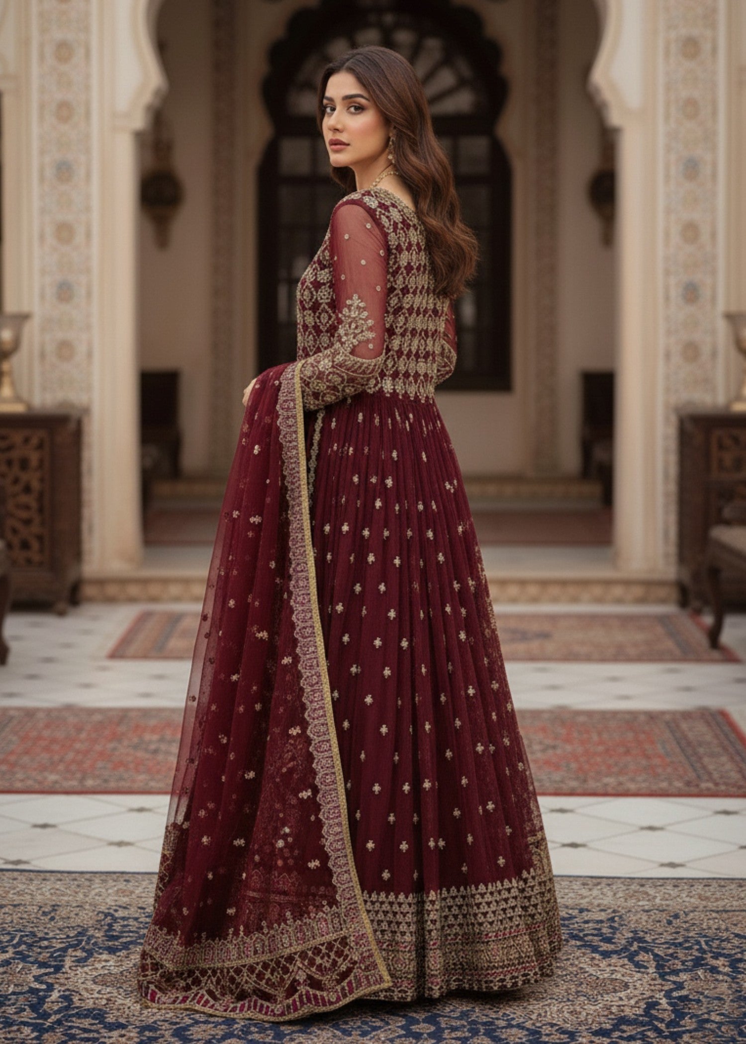 Ladies Maroon Embellished Organza Shalwar Kameez Online in UK USA Canada