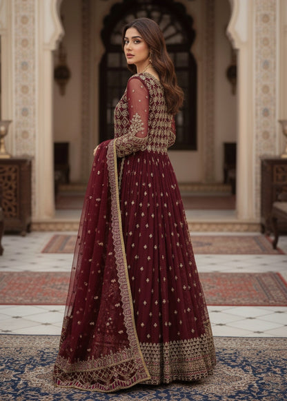 Ladies Maroon Embellished Organza Shalwar Kameez Online in UK USA Canada