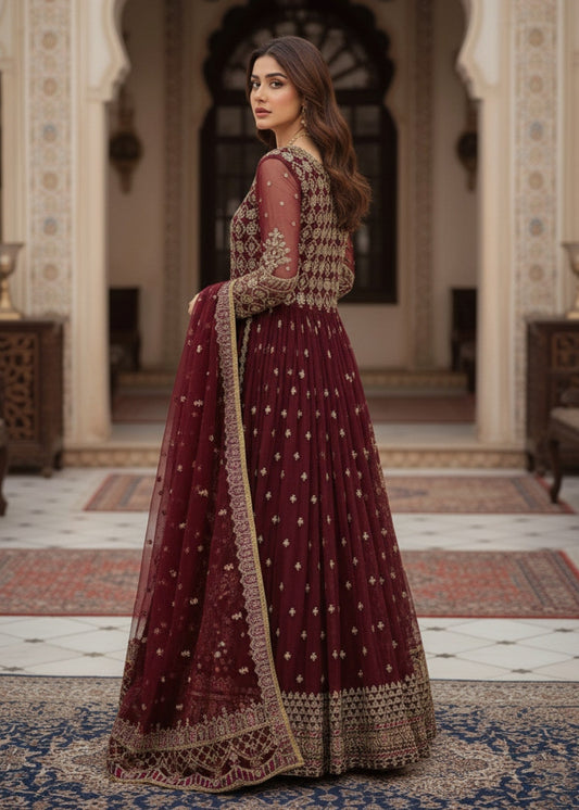 Ladies Maroon Embellished Organza Shalwar Kameez Online in UK USA Canada