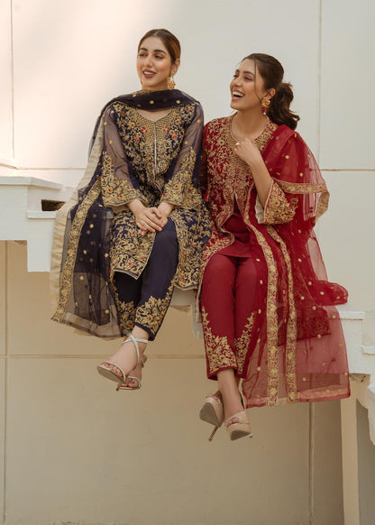 Ladies Maroon Embellished Organza Suit Online in UK USA Canada