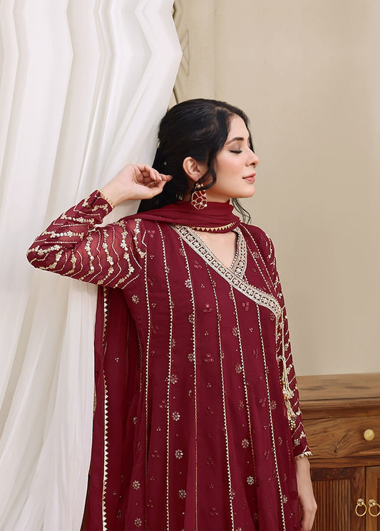 Ladies Maroon Embroidered Chiffon Festive Suit Online in Sri Lanka India Australia