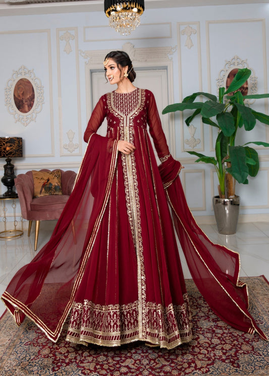 Ladies Maroon Embroidered Chiffon Festive Suit Online in UK USA Canada