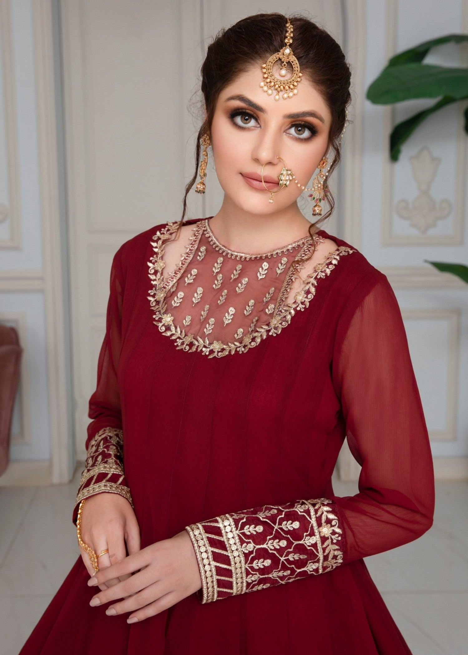 Ladies Maroon Embroidered Chiffon Party Wear Suit Online in UK USA Canada