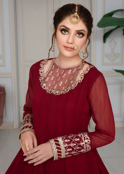 Ladies Maroon Embroidered Chiffon Party Wear Suit Online in UK USA Canada