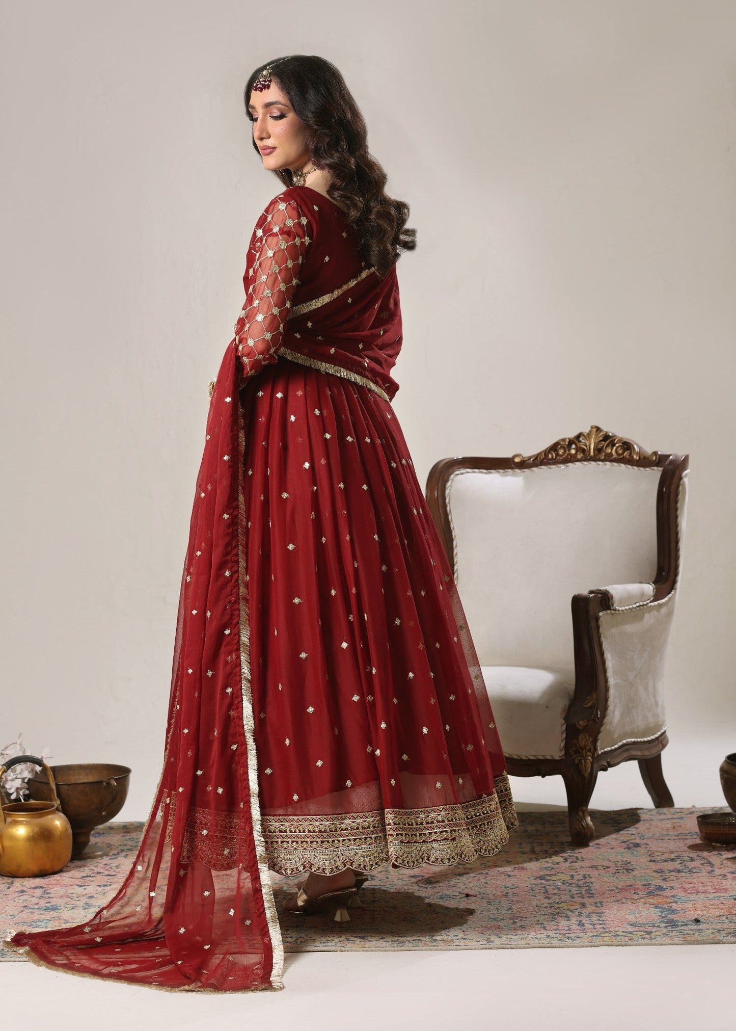 Ladies Maroon Embroidered Chiffon Partywear Salwar Kameez Online in UK USA Canada