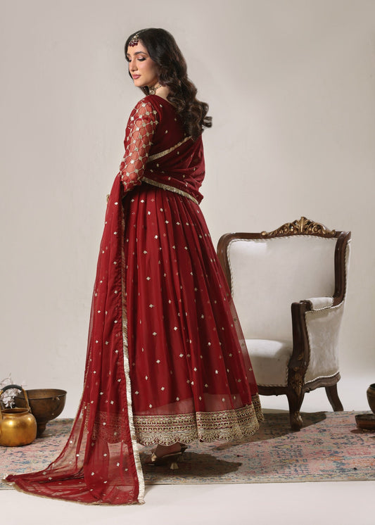 Ladies Maroon Embroidered Chiffon Partywear Salwar Kameez Online in UK USA Canada