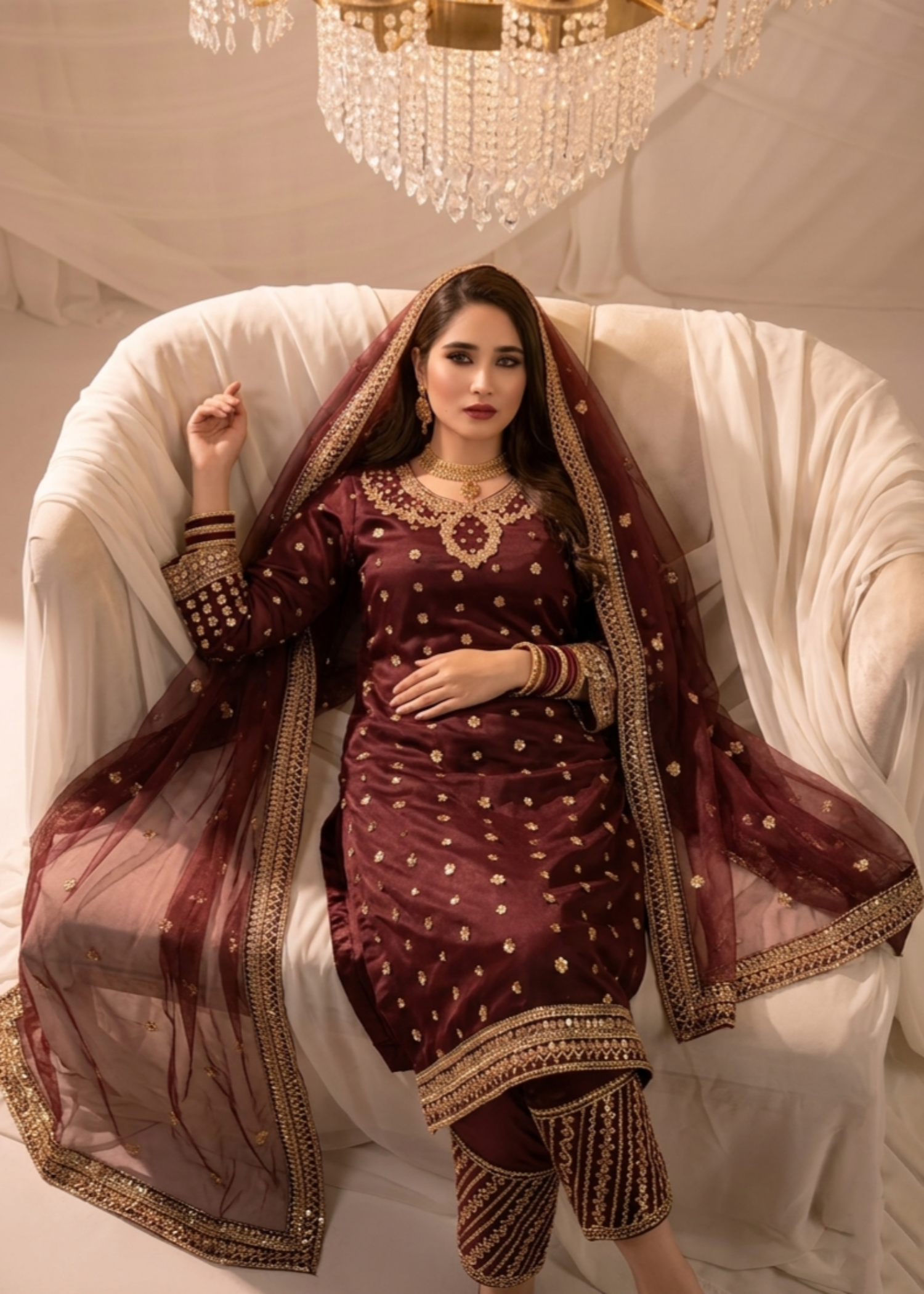 Ladies Maroon Embroidered Chiffon Partywear Suit Online in UK USA Canada