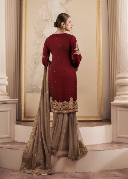 Ladies Maroon Embroidered Chiffon Salwar Kameez Online in UK USA Canada