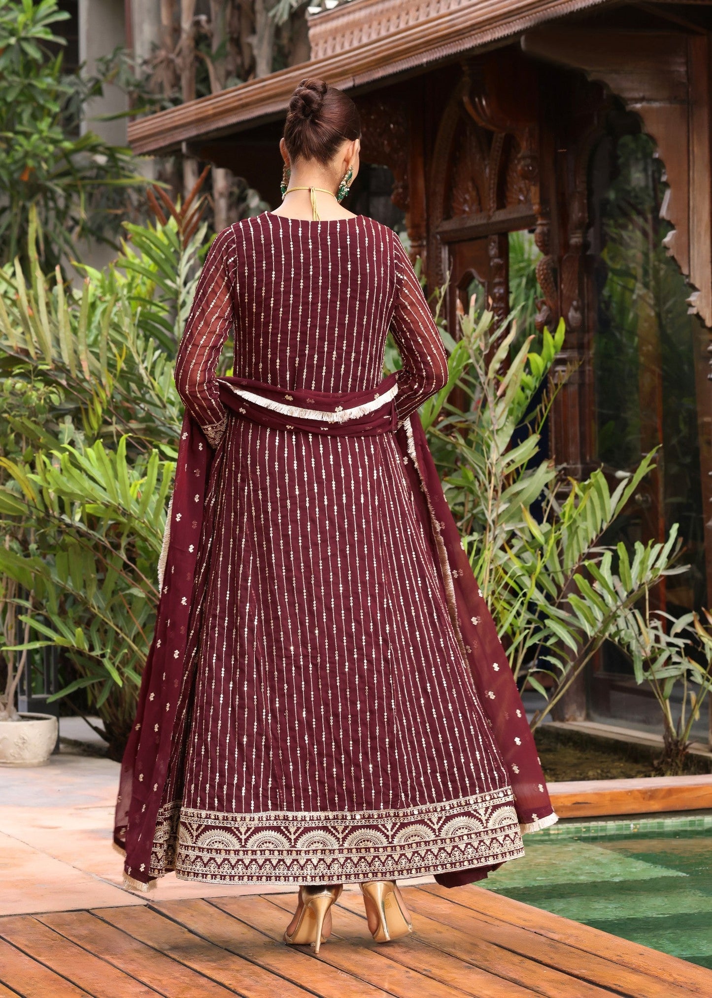 Ladies Maroon Embroidered Chiffon Salwar Kameez Online in UK USA Canada