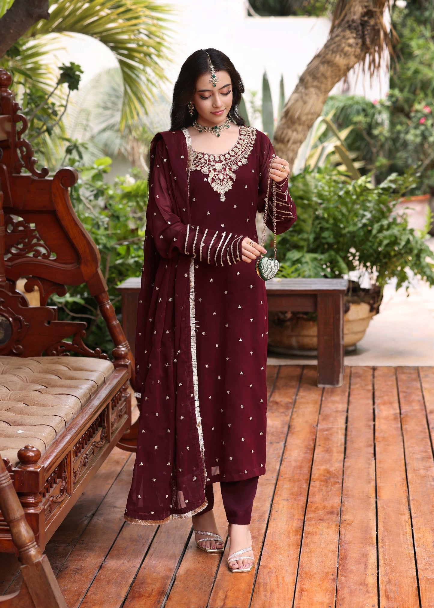 Ladies Maroon Embroidered Chiffon Salwar Kameez Online in UK USA Canada