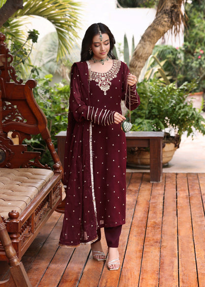 Ladies Maroon Embroidered Chiffon Salwar Kameez Online in UK USA Canada