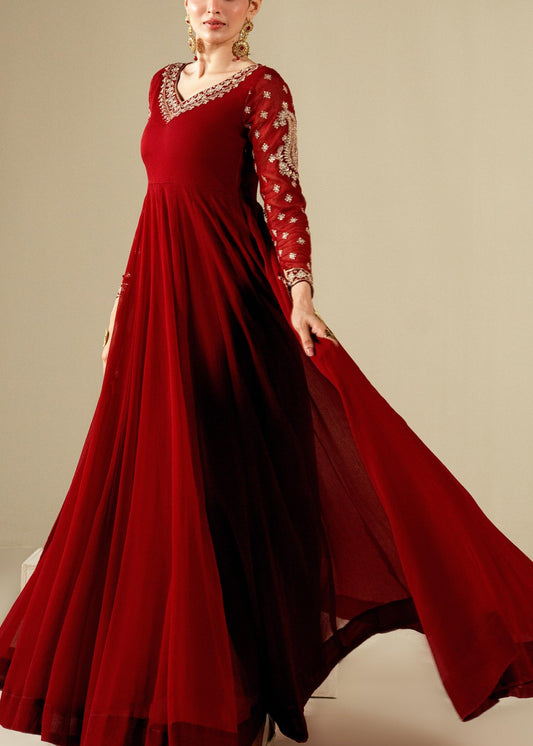 Ladies Maroon Embroidered Chiffon Salwar Kameez Online in UK USA Canada