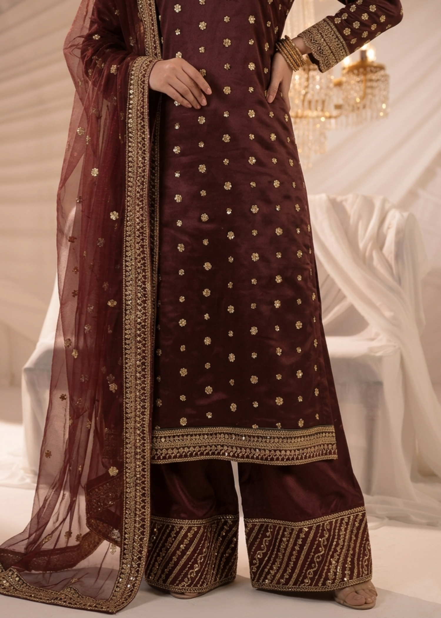 Ladies Maroon Embroidered Chiffon Shalwar Kameez Online in UK USA Canada