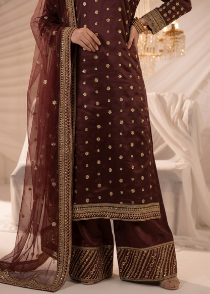 Ladies Maroon Embroidered Chiffon Shalwar Kameez Online in UK USA Canada