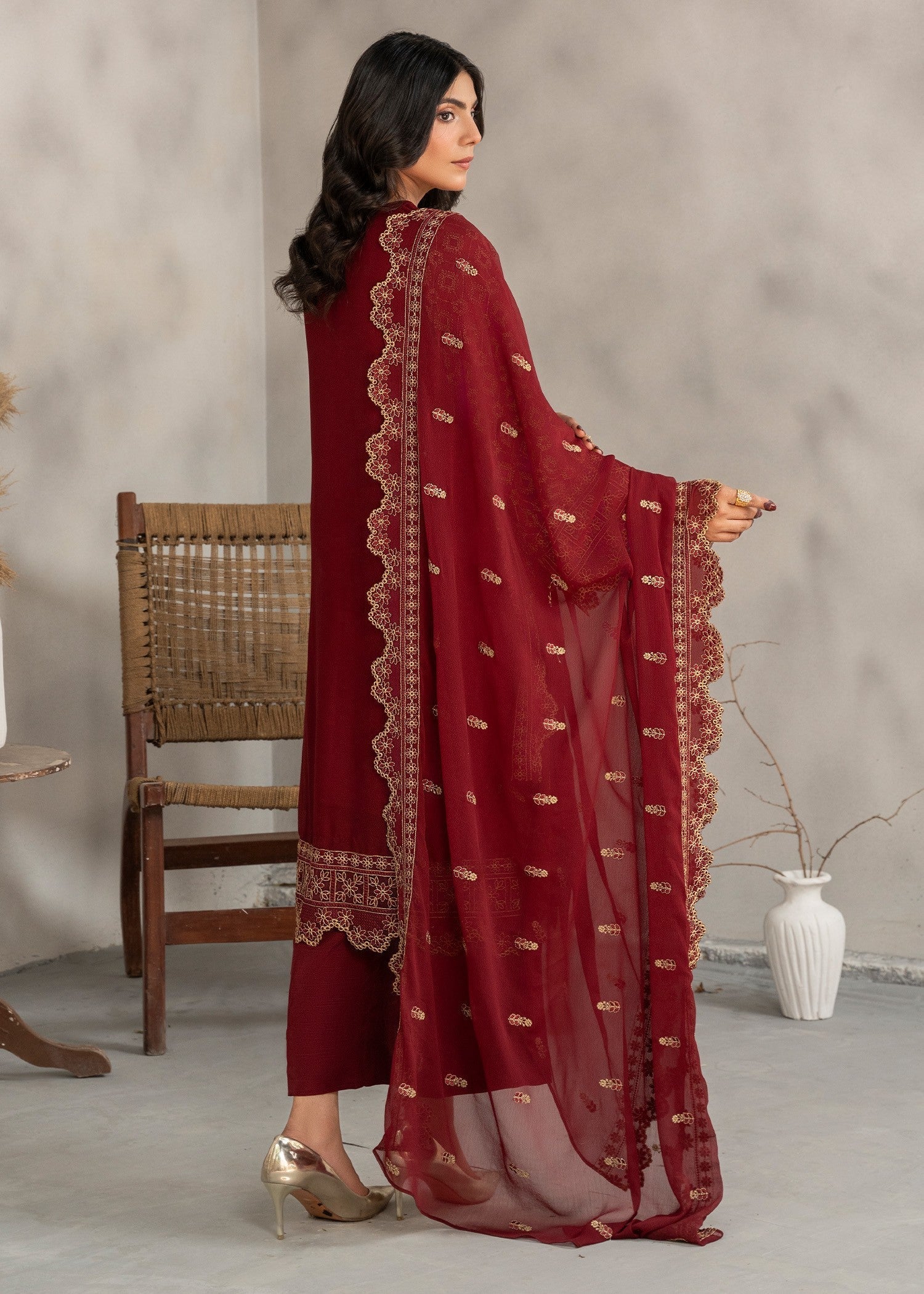 Ladies Maroon Embroidered Chiffon Shalwar Kameez Online in UK USA Canada
