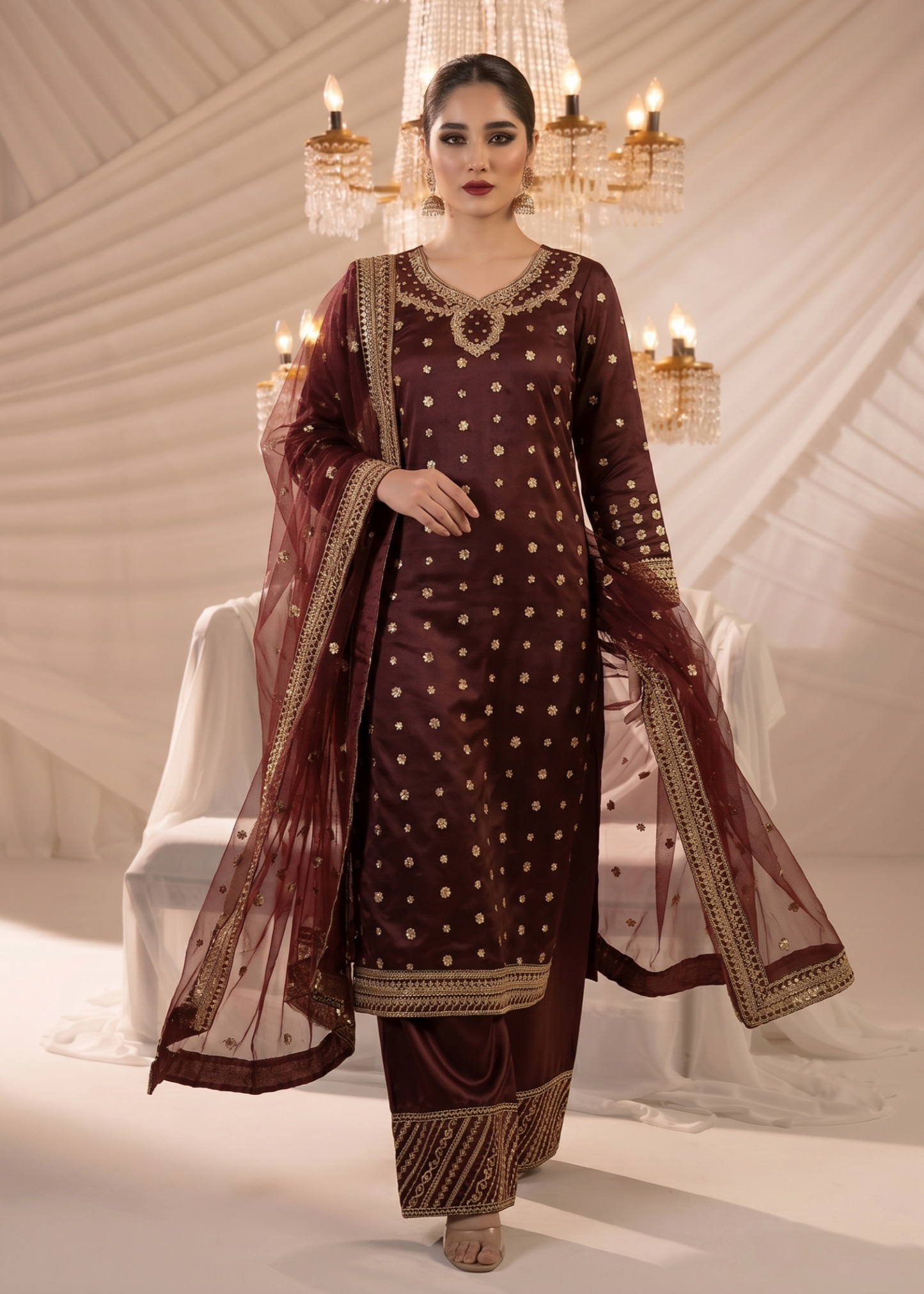 Ladies Maroon Embroidered Chiffon Shalwar Kameez Online in UK USA Canada