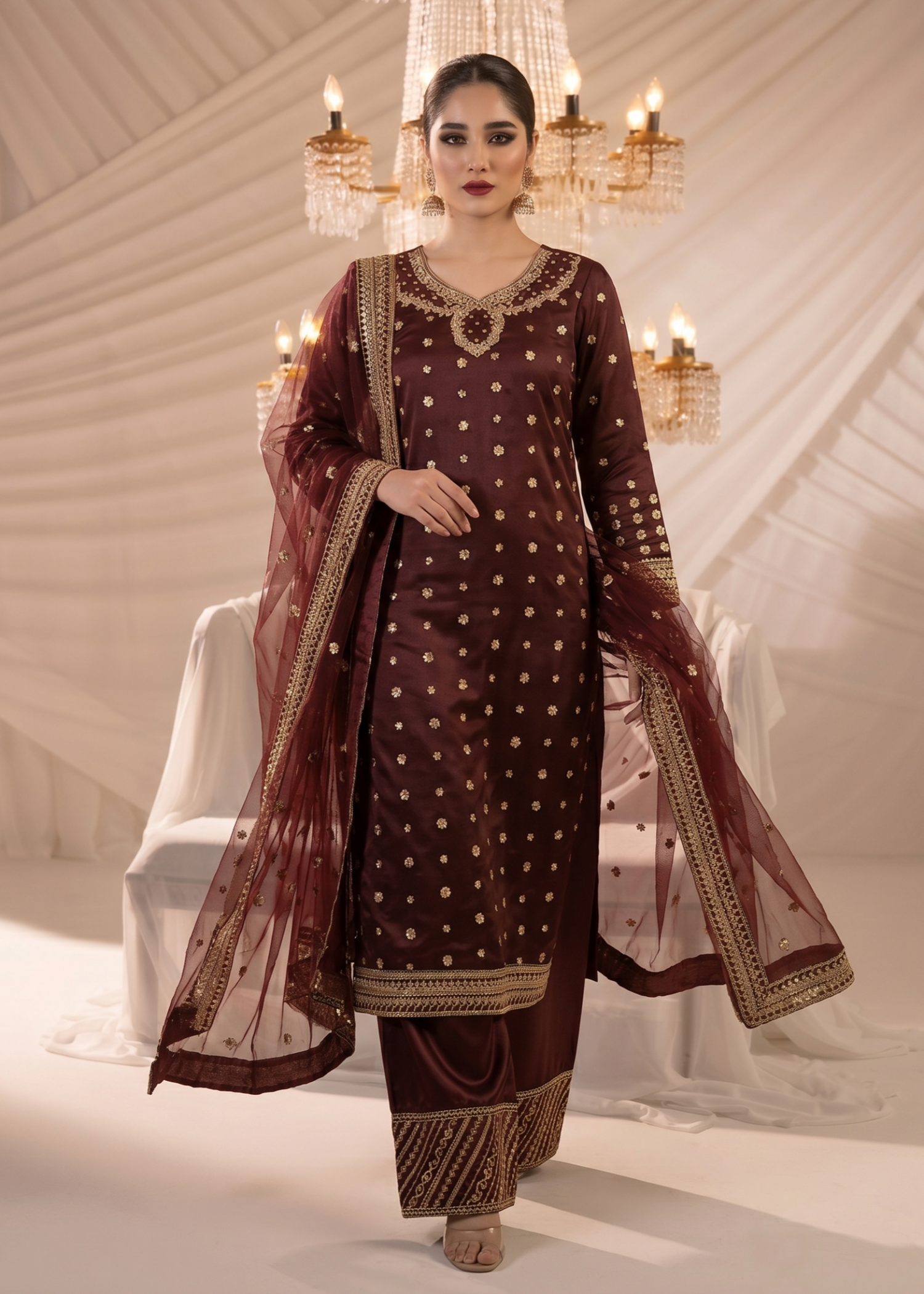 Ladies Maroon Embroidered Chiffon Shalwar Kameez Online in UK USA Canada
