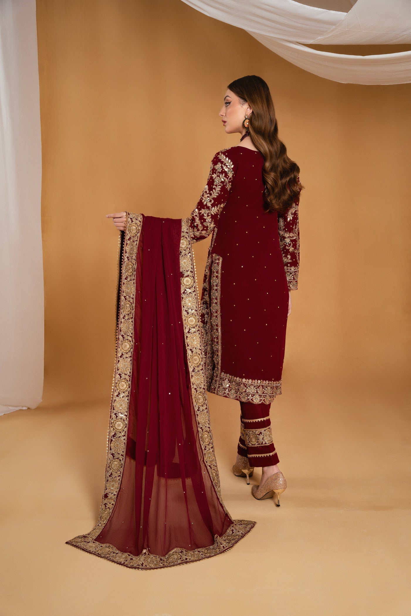 Ladies Maroon Embroidered Chiffon Shalwar Kameez Online in UK USA Canada