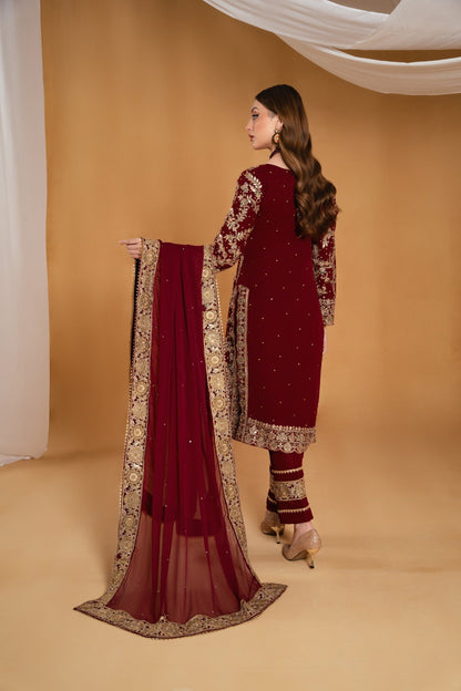 Ladies Maroon Embroidered Chiffon Shalwar Kameez Online in UK USA Canada