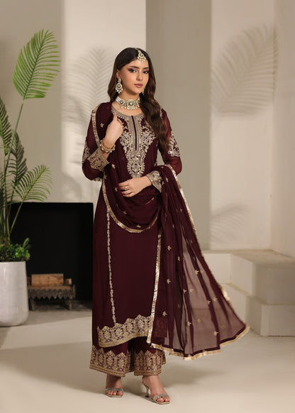 Ladies Maroon Embroidered Chiffon Suit Online in UK USA Canada