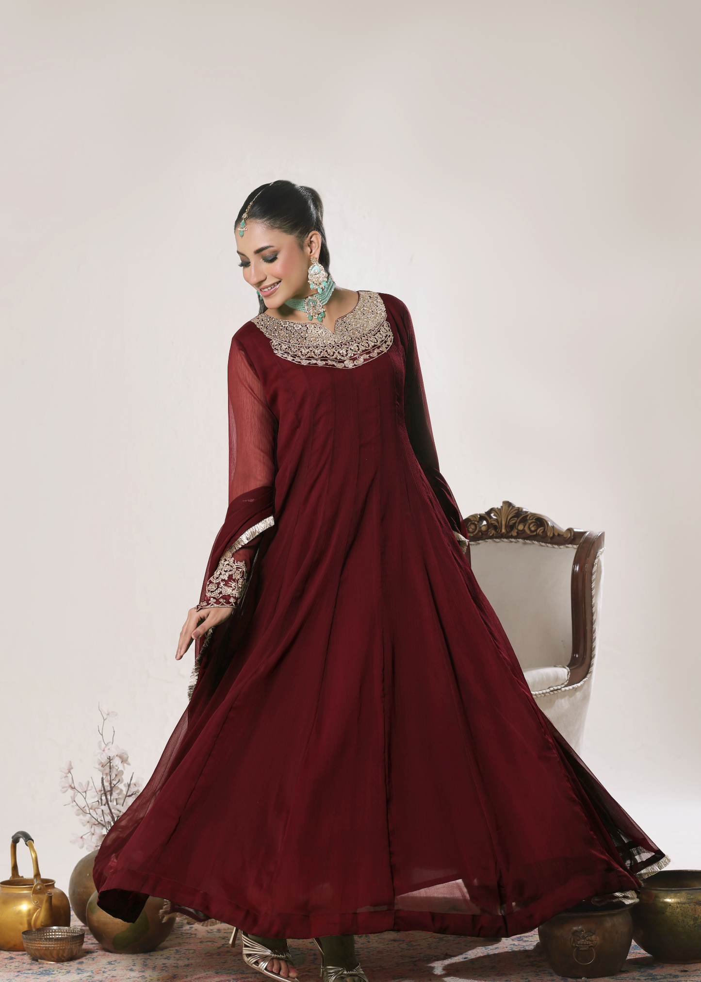 Ladies Maroon Embroidered Chiffon Suit Online in UK USA Canada