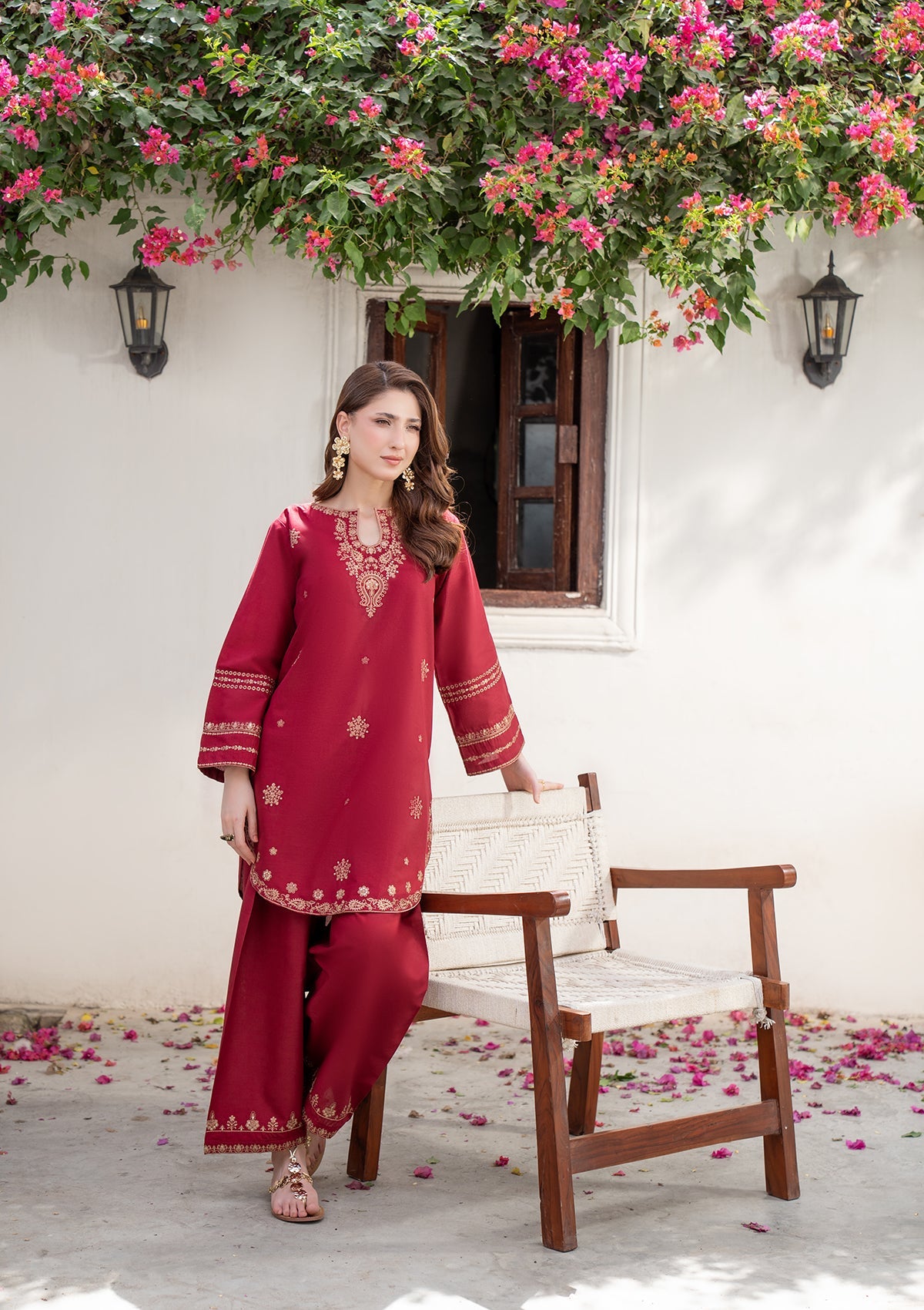 Ladies Maroon Embroidered Cotton Salwar Kameez Online in UK USA Canada
