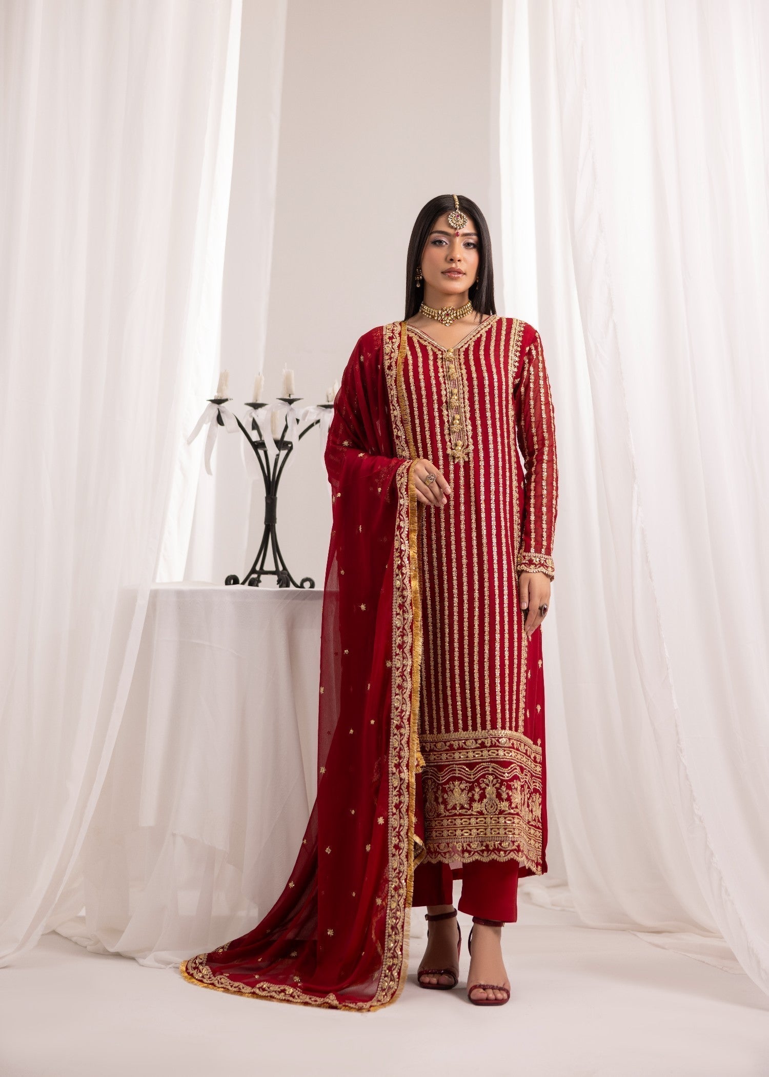 Ladies Maroon Embroidered Crinkle Chiffon Shalwar Kameez Online in UK USA Canada