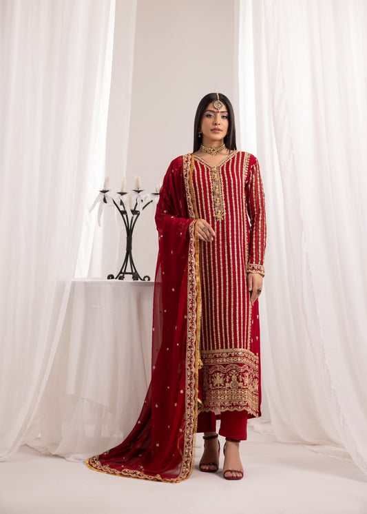 Ladies Maroon Embroidered Crinkle Chiffon Shalwar Kameez Online in UK USA Canada