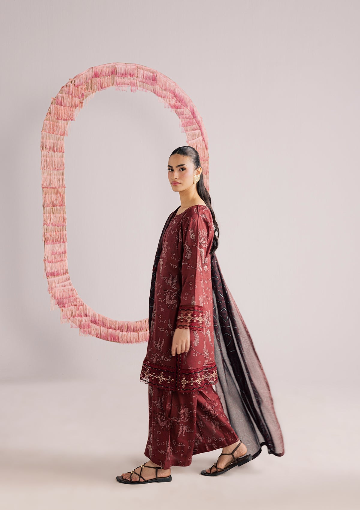 Ladies Maroon Embroidered Lawn 3 Piece Suit Online in Sri Lanka India Australia