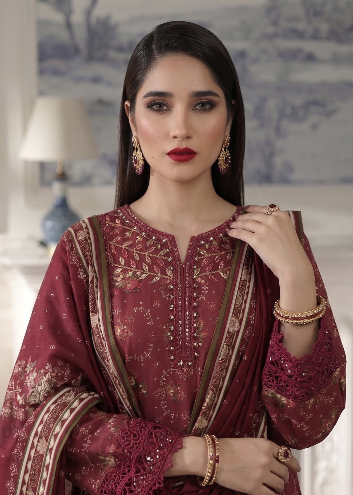 Ladies Maroon Embroidered Lawn Party Wear Suit Online in UK USA Canada