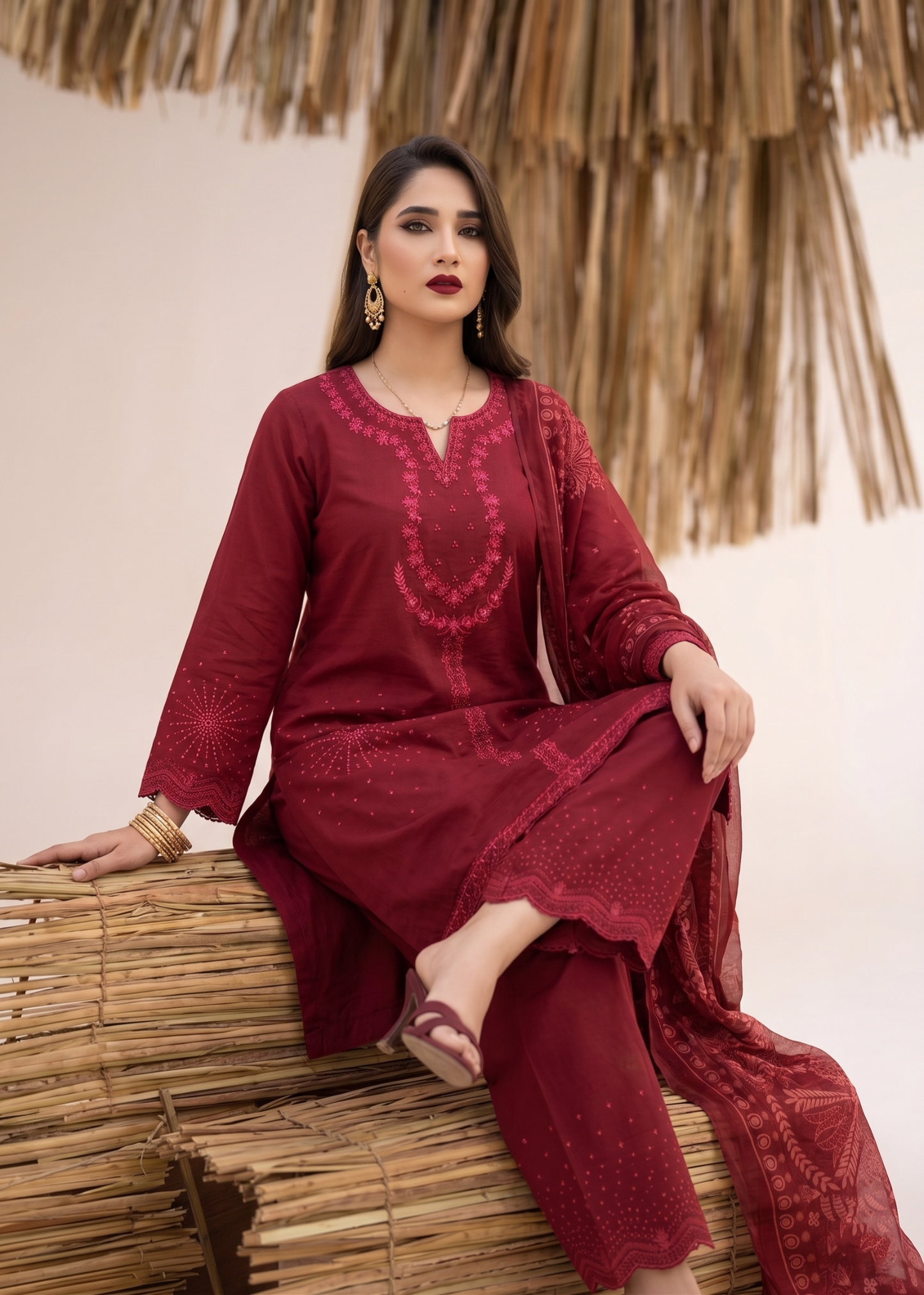 Ladies Maroon Embroidered Lawn Party Wear Suit Online in UK USA Canada