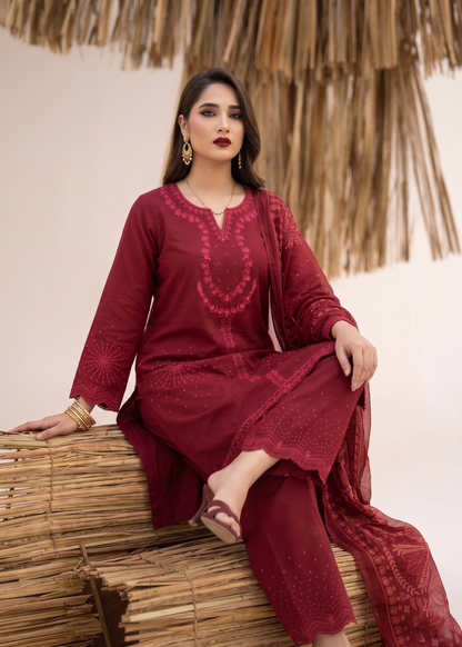 Ladies Maroon Embroidered Lawn Party Wear Suit Online in UK USA Canada