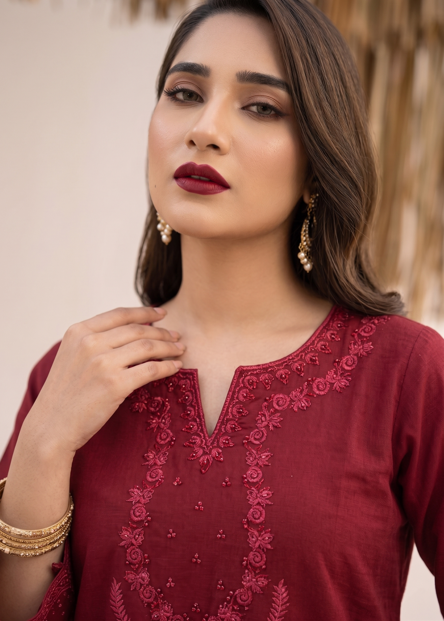 Ladies Maroon Embroidered Lawn Suit Online in UK USA Canada