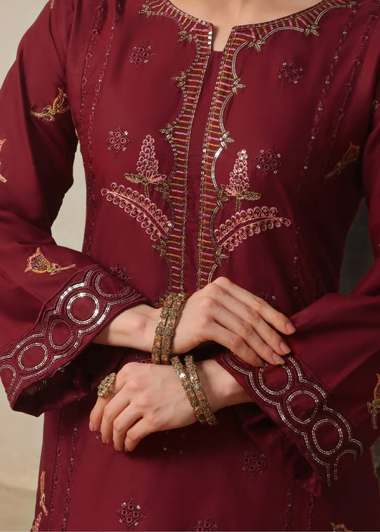 Ladies Maroon Embroidered Lawn Suit Online in UK USA Canada