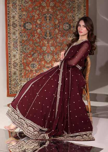 Ladies Maroon Embroidered Partywear Pishwas Set Online in UK USA Canada