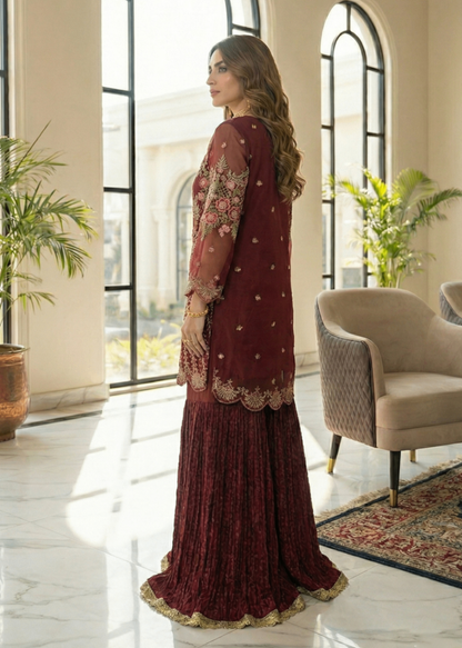 Ladies Maroon Embroidered Partywear Salwar Kameez Online in UK USA Canada