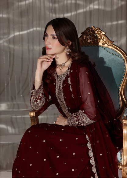 Ladies Maroon Embroidered PK Chiffon Shalwar Kameez Online in UK USA Canada