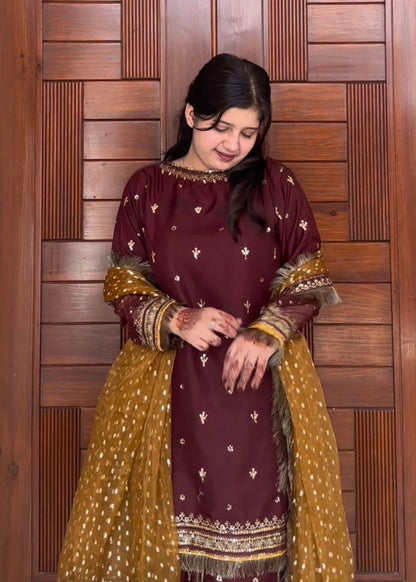Ladies Maroon Embroidered Raw Silk Sharara Online in UK USA Canada