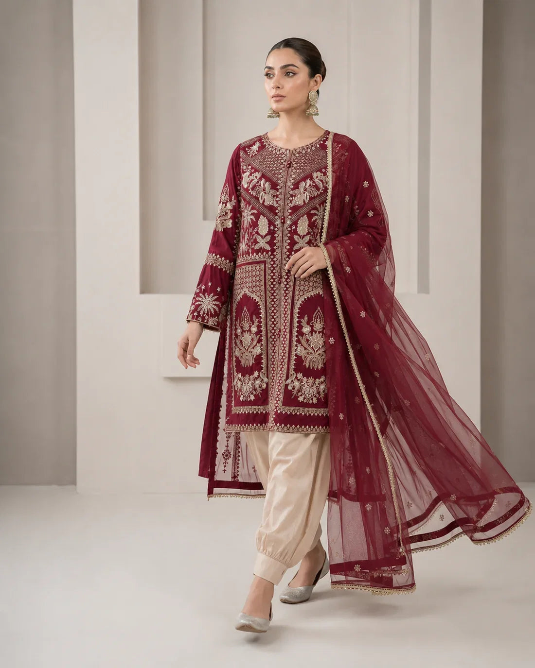 Ladies Maroon Embroidered Ready to Wear Shalwar Kameez Online in UK USA Canada